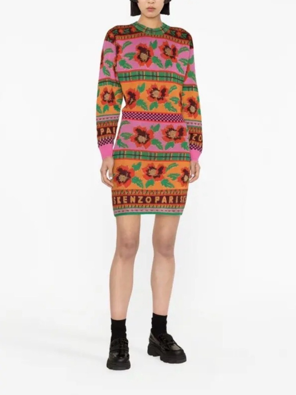 Kenzo Paris Graphic Floral Lurex Fair Isle Knit Mini Dress Made in Italy Size S